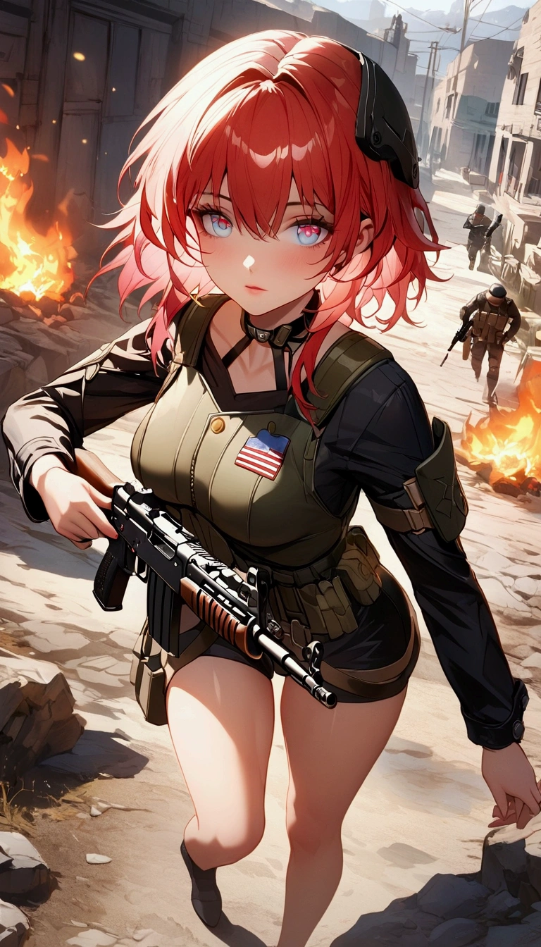 (Masterpiece. The best quality. 8K. Sharp focus. Depth of field. The best shadows. Perfect lighting. HDR. Realistic skin texture. Ultra-detailed background. Detailing). Anime style. Honkai: Star Rail. March 7. Call of duty: Ghost. 1 Girl. Perfect face. Short hair. Fiery red hair. Beautiful eyes. Beautiful eyes. Expressive eyes. Azure blue eyes. Two-tone eyes. Pale pink eyes. Eyes with vertical pupils. Beautiful nose. Thin lips. Pale pink lips. Perfect anatomical body. Slender figure. Second size breasts. Thin waist. Rounded hips. Graceful eyes, beautiful hands. Delicate fingers, long fingers. Beautiful legs, slender legs, long legs. American special forces military uniform. Soldier's helmet on his head. Body armor.  Magazine pouches. AKM in hands. Aiming with AKM. Battlefield. Walking across the battlefield, aiming with AKM. Full height. Full body.