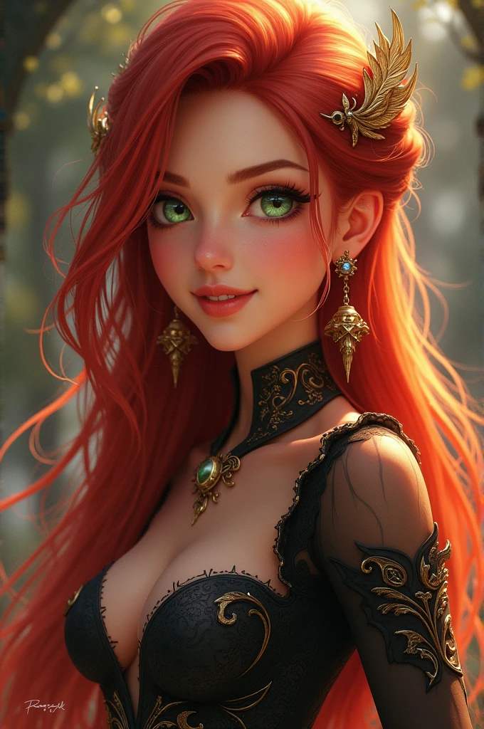 (​masterpiece, best quality:1.5), highest quality, High resolution, super detailed, Realists, Upper body photo of a red-haired sorceress, detailed and beautiful eyes, beautiful detailed lips, very detailed eyes and face, longeyelashes, shiny satin dress, Holds a magic wand in his hand and performs eine Transformation spell. Beautiful and colorful makeup, elegant and noble々The jewelry bag, Gardens as background, soft daylight, bright colors, fine brushstrokes, Portrait style, Silk dress fabric, beautiful color palette, glowing skin, First-class rendering, that captures every detail, enchanting atmosphere, subtle shadows and lights, (perfect anatomy:1.2), (The stunning sorceress turns a cat into a princess (eine Transformation):1.4), (magnificent panorama view:1.2)
