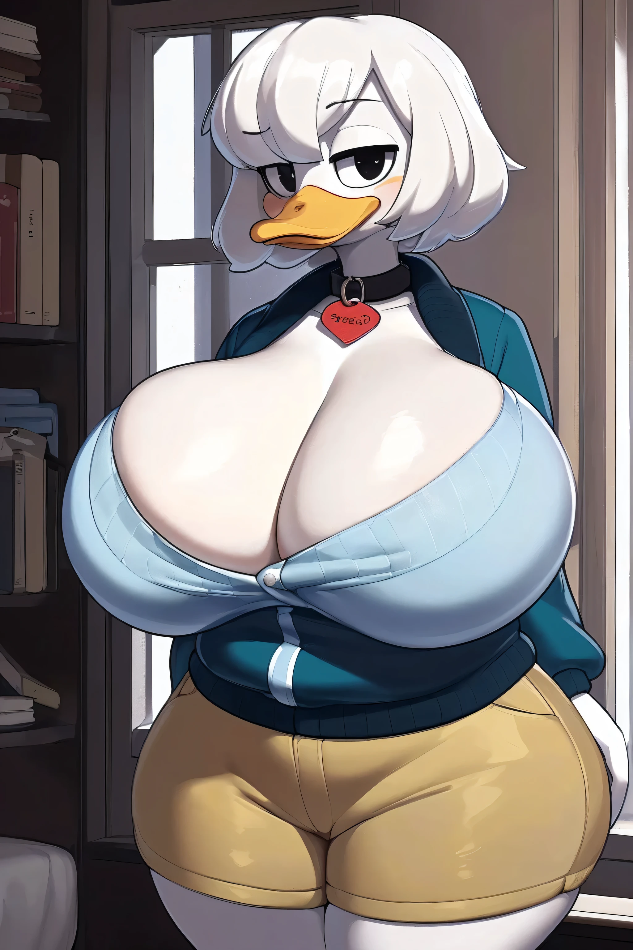 (by ducktales)  (by kyurisawa:1.2) (by chelodoy:1) (by ashraely:1) (anthro duck) (white hands:1.1) (della duck1.2) (white hair) (front view:1.2) (black eyes) (clothed, clothing:1.3) (teal scarf) (brown_flight_jacket) (tan shorts) (collar) (white skin:1.2) (solo:1.1) (inside, window) ( morning:1.3) (portrait) (((((huge_hips, gigantic_sagging_breasts, huge_cleavage)))))