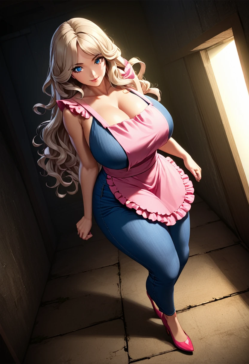 

detailed illustration, dynamic angle, ultra-detailed, illustration, dramatic lighting, dramatic pose, (1 woman: 2) mom in her 40’s, milf, frilly pink apron, blue jeans, wavy gradient hair, bicolor hair, silvery blonde hair, long hair, blue eyes, detailed eyes, massive breasts, standing in a large dark basement, unnerving smiling, yandere eyes, yandere smile,(big eyes with tiny iris), thick thighs, wide hips, massive ass, thunder thighs, extreme pear shape body, bottom heavy, thighs touching, domestic goddess, perfect house wife, Monica Bellucci face, distorted belly bulge,