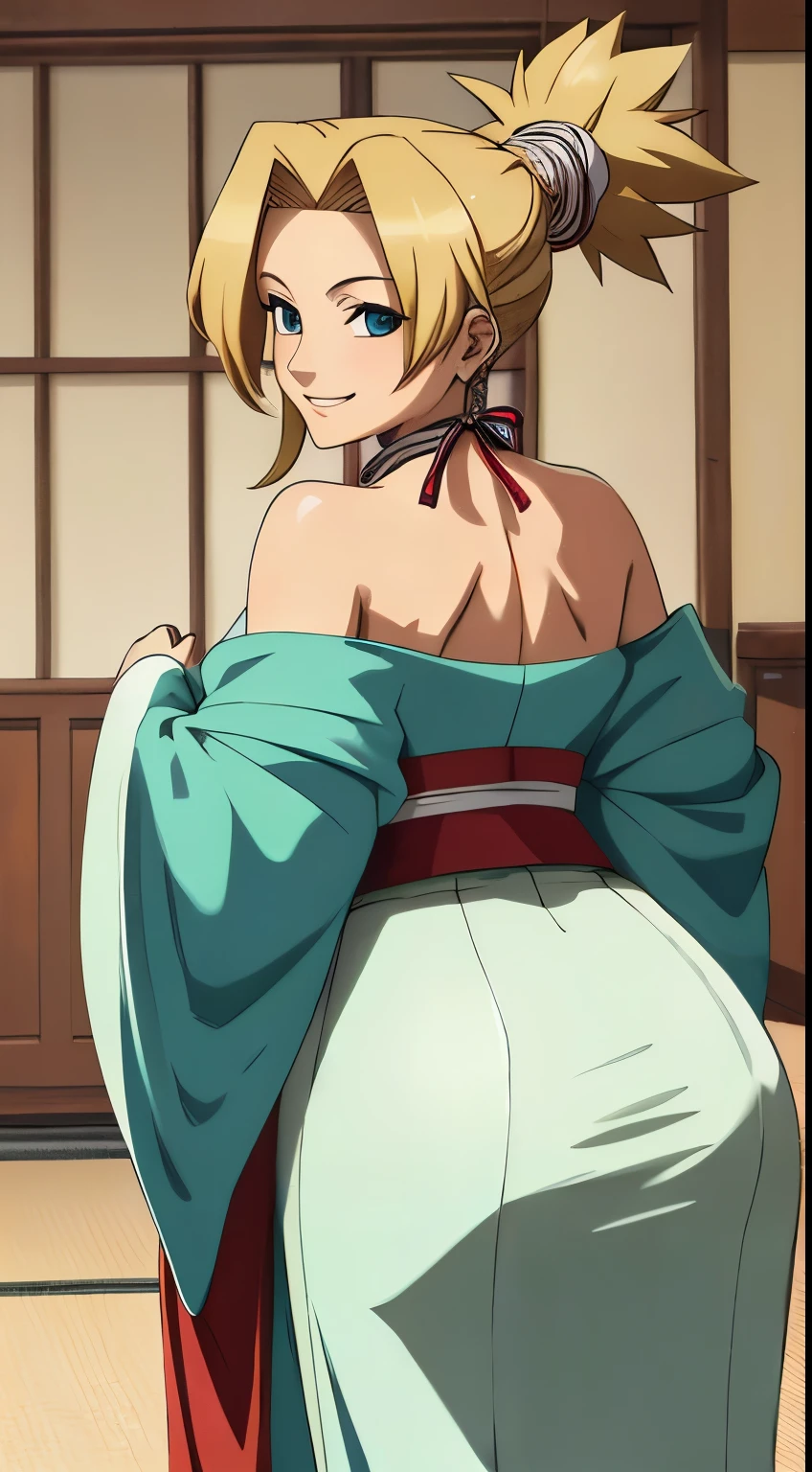 masterpiece，Goddess of beauty, beautiful face, best qualtiy， ultra - detailed， Temari， solo， quad_coda， thicc ass， image from behind， Japanese_clothes， perfect body， Off-the-shoulder attire，sexly， smile， best qualtiy， masterpiece， very detailed， Tone-mapping， tack sharp focus， ultra - detailed，Official art