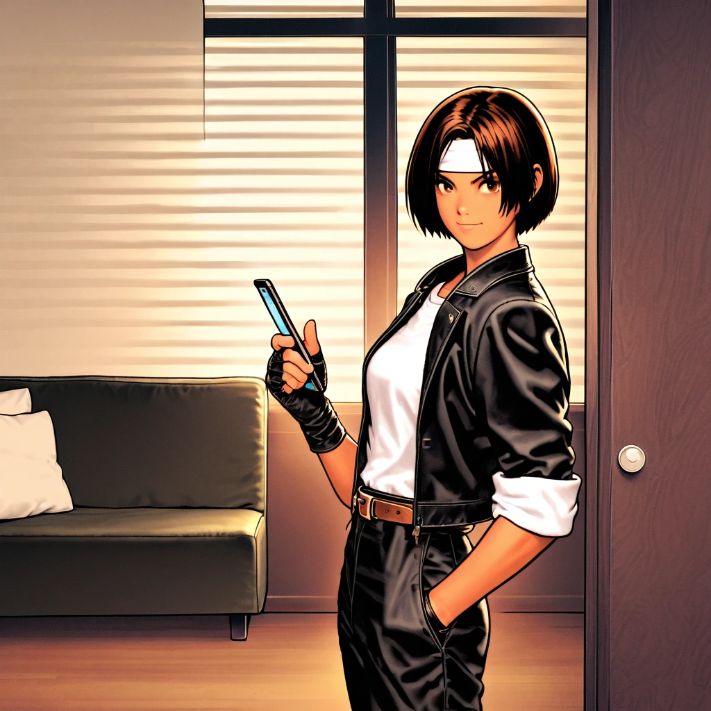 Single,Female,Short-cut,Dark hair,Sallow skin,Red eyes,Slightly large breasts,((black jacket with rolled up arms)),fingerless gloves, white T-shirt,(white headband on forehead)),black long pants, white shoes, brown belt, cute, indoor-oriented, charming, top quality, neat face, neat eyes, Black Sitting on sofa, relaxed, exhaling cigarette smoke, cigarette in right hand, beautiful Japanese girl, smiling. Her eyes are wide open, her gaze is slightly downward, and her mouth is half open,