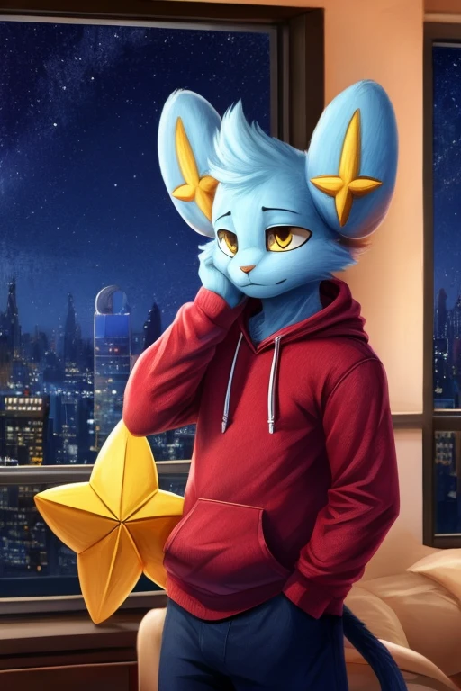 Ablaze, Furry, Cat, shinx, male, Waering a Hoodie, extremely detaild, incredible, fine-details, absurderes, standing alone, tecido Ablaze, posing in an apartment overlooking the starry sky, scarlet embroidery