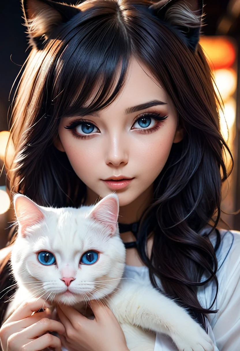 cute woman with cat makeup and cosplay, striking eyes, glossy silky hair, amorous and lewd expression, perfect proportions, kawaii, delicate and dynamic textures, contrasts of light and shadow, 2.5D, artistic photography, hyper realistic, ultra detailed, absolutely resolution, best quality