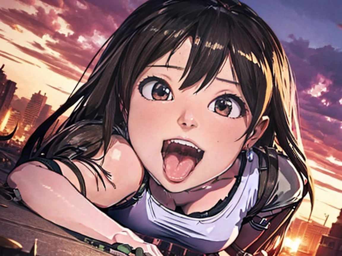 tifa lockhart, final fantasy vii remake, 1girl, black hair, blurry,  red eyes,  wearing her signature white tank top,  and fingerless gloves. Tifa Lockhart from Final Fantasy VII with a playful expression, tongue out, and a slight blush on her cheeks. She smiles mischievously while looking at the viewer, her massive size emphasized by her giantess form. The scene captures a close-up of her face, with Tifa towering over a small urban area, lying face down, smiling playfully with her mouth open wide, ready to eat tiny people she holds in her hand. The low-angle perspective from the street shows her enormous figure dominating the view, her long hair cascading down around her. With the backdrop of a sunset casting a warm glow, small buildings crumble around her, steam rising from the rubble as terrified residents flee. Tifa blushes slightly, enjoying the chaos, while her fingers grip the tiny people, lifting them towards her open mouth. The scene blends horror and awe, capturing the playful yet powerful nature of Tifa in this anime-style aesthetic."