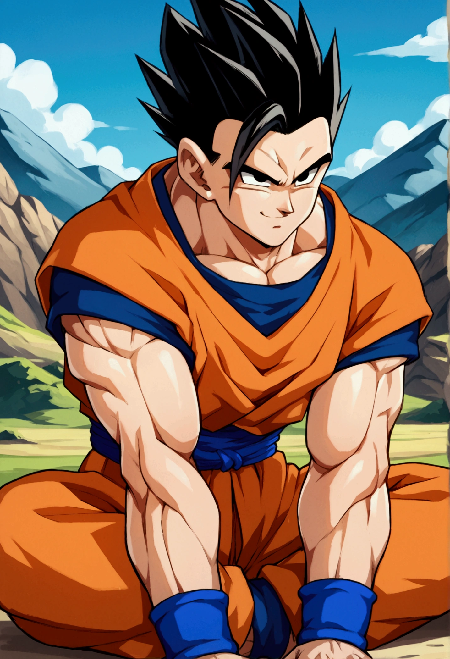 (score_9,score_8_up,score_7_up), source_anime,best quality,masterpiece,anime, wearing her orange outfit, with blue underneath, with a blue wristband on each wrist, spiky black hair and black eyes, with a distinctive lock falling over her forehead and a blue ribbon wrapping around her waist, mountain landscape, sitting looking forward while smiling, slightly thin