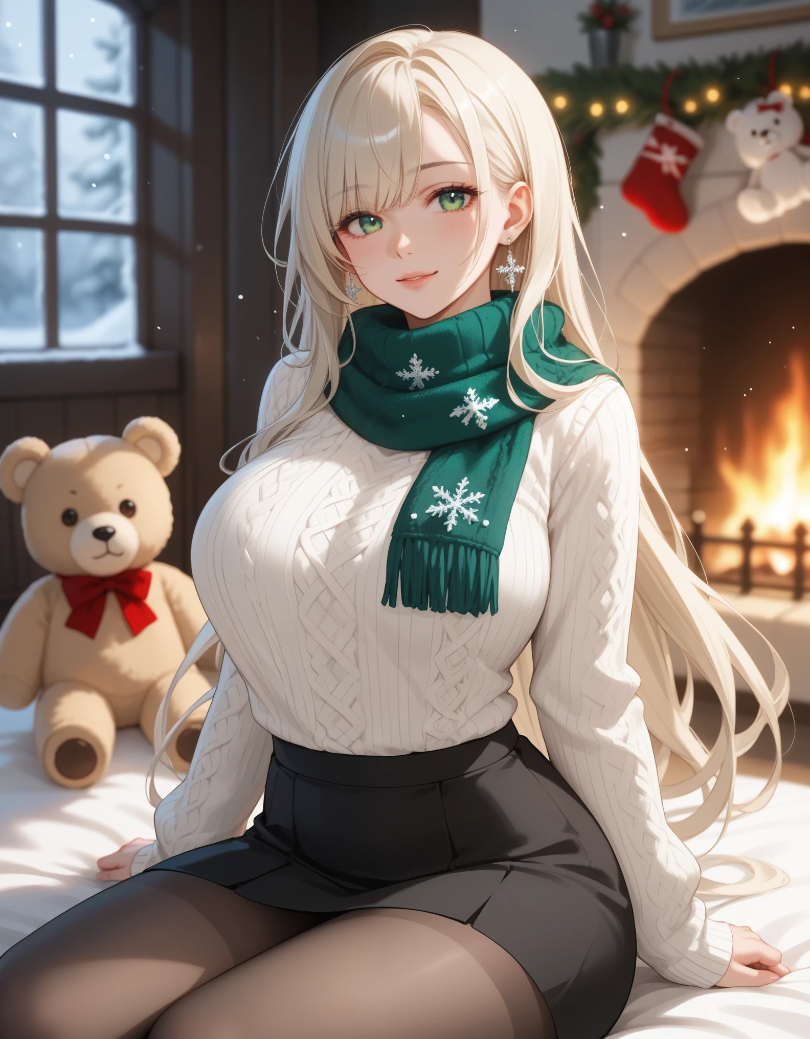 score_9, score_8_up, score_7_up, 1girl, solo, close-up portrait, gentle woman, long flowing hair, platinum blonde hair, hair with snowflakes, beautiful eyes, cozy cream-colored cable knit sweater and thick wool skirt, big breasts, (holding a big vintage teddy bear with a red and green knitted scarf), (sitting by a fireplace in a cozy cabin), warm firelight, soft snow falling outside, soft bokeh.