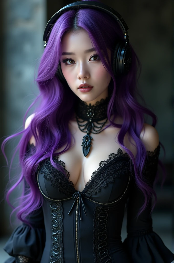 Korean purple hair butterfly woman with headphone carie the white stranger theme outfit fake blood and short outfit perfect body