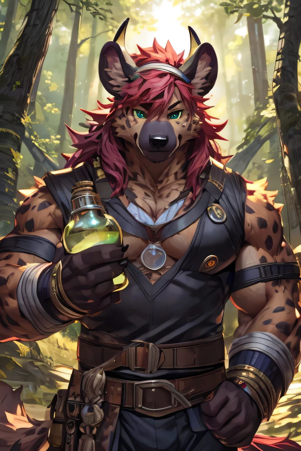 Solo, Male, Hyena, (Hyena Spotted Fur, Fluffy fur, cute, fuzzy), Long Red Hair, Long Hair, Androgenous Hair, Hair down Shoulders, Alchemy Outfit, alchemy Vials on Clothing, Alchemist Outfit,  Green Eyes, Tiefling Horns, Horns on head, (black horns), lean muscle, ((holding potion bottle,)) holding potion, chemicals, fluffy fur, detailed face, black nose, (by Null-Ghost, by Raccoon21, Masterpiece, Very High Quality, 4K hd), Close View, Fantasy Forest, Forest Background, Bright Shadows, Adventurer, Looking at Viewer, sunlight, Clouds, Camera from below, 