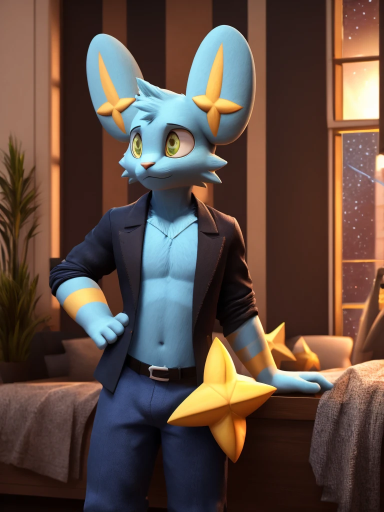 work of art, high qualiy, 4K, beautiful design, Ablaze, Furry, Cat, shinx, male, Waering a Blazer, showing the chest, extremely detaild, hyperrealisti, 3d, octane rendering, posing in an apartment overlooking the starry sky,