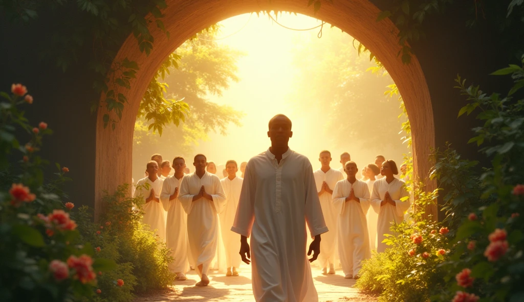 A 2 young Swami in a orange robe stands in front of a ramshackle kerala house. He was surrounded by hundreds of old white-dressed people. Swami is walking towards the house after changing them. This is as seen by someone who opens the door of the house