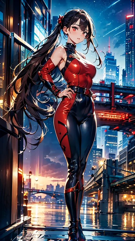 (masterpiece, best quality), intricate details, 8k, artstation, wallpaper, official art, splash art, sharp focus,, 1girl, long hair, twin tails, red eyes, brown hair, ,red jsuper jumpsuit  , skyscrapers, night city, buildings, cars, street, ducking down