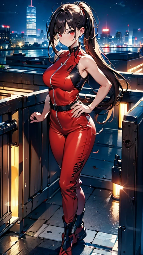 (masterpiece, best quality), intricate details, 8k, artstation, wallpaper, official art, splash art, sharp focus,, 1girl, long hair, twin tails, red eyes, brown hair, ,red jsuper jumpsuit  , skyscrapers, night city, buildings, cars, street, ducking down