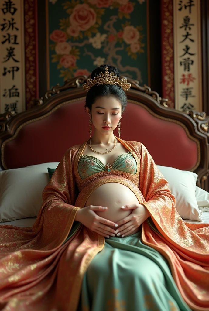 (pregnant woman, elegant, sitting on a comfortable armchair), (beautiful detailed eyes, gentle smile, motherly expression), (long flowing hair, neatly styled), (radiant pregnancy glow), (soft, warm lighting), (artistic illustration), (vivid colors, pastel tones), (floral patterns, elegant decor), (ultra-detailed, realistic), (professional-quality, high resolution), (bokeh effect for depth and atmosphere), (serene and peaceful atmosphere).