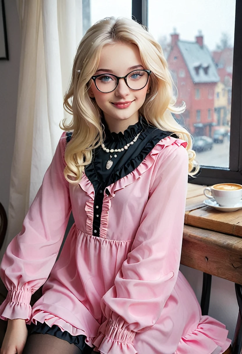 Enjoying a cup of coffee.(aroused, wanna make love?),Good morning! (pink clothing), Cute 18 yo (blonde)woman of Slavic descent.(short:1.1), long hair, gray eyes, ((very pale:1.4)). Innocent look. Gentle spirit.(virgin), (joy),(laughter:1.3). (Playful:1.2). Mascara, eyeglasses, necklace, jacket, blouse, ruffle dress, (black pantyhose), high heels.