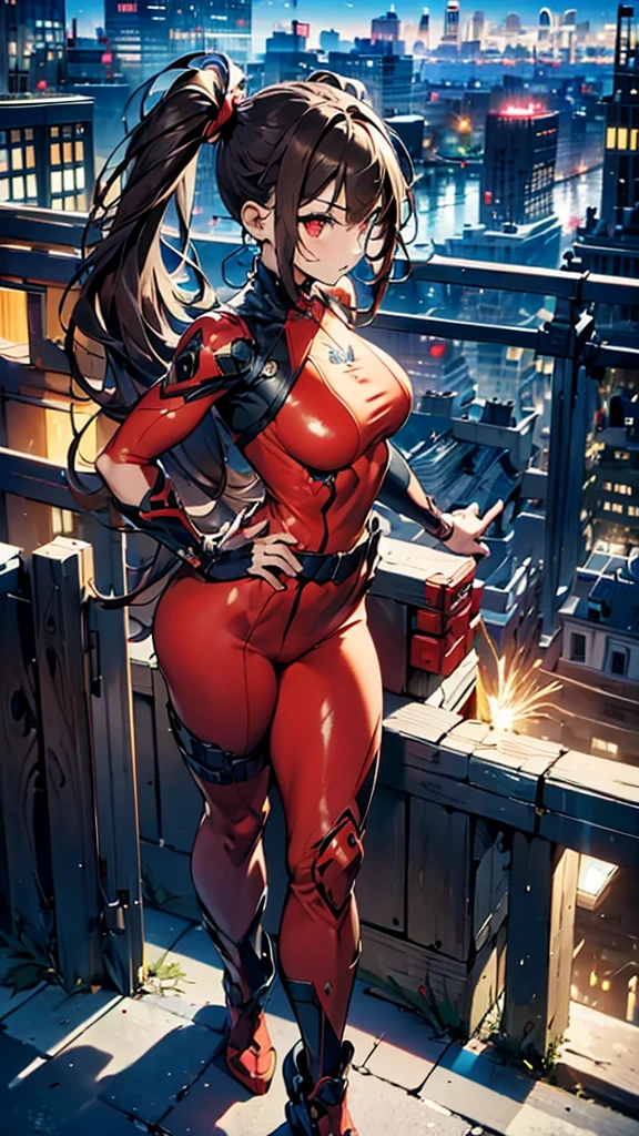 (masterpiece, best quality), intricate details, 8k, artstation, wallpaper, official art, splash art, sharp focus,, 1girl, long hair, twin tails, red eyes, brown hair, ,red super jumpsuit, battle damaged suit  , skyscrapers, night city, buildings, cars, street, 