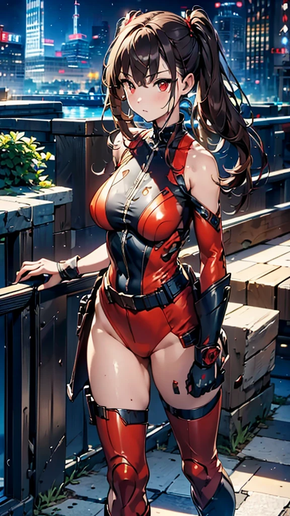 (masterpiece, best quality), intricate details, 8k, artstation, wallpaper, official art, splash art, sharp focus,, 1girl, long hair, twin tails, red eyes, brown hair, ,red super jumpsuit, battle damaged suit  , skyscrapers, night city, buildings, cars, street, 