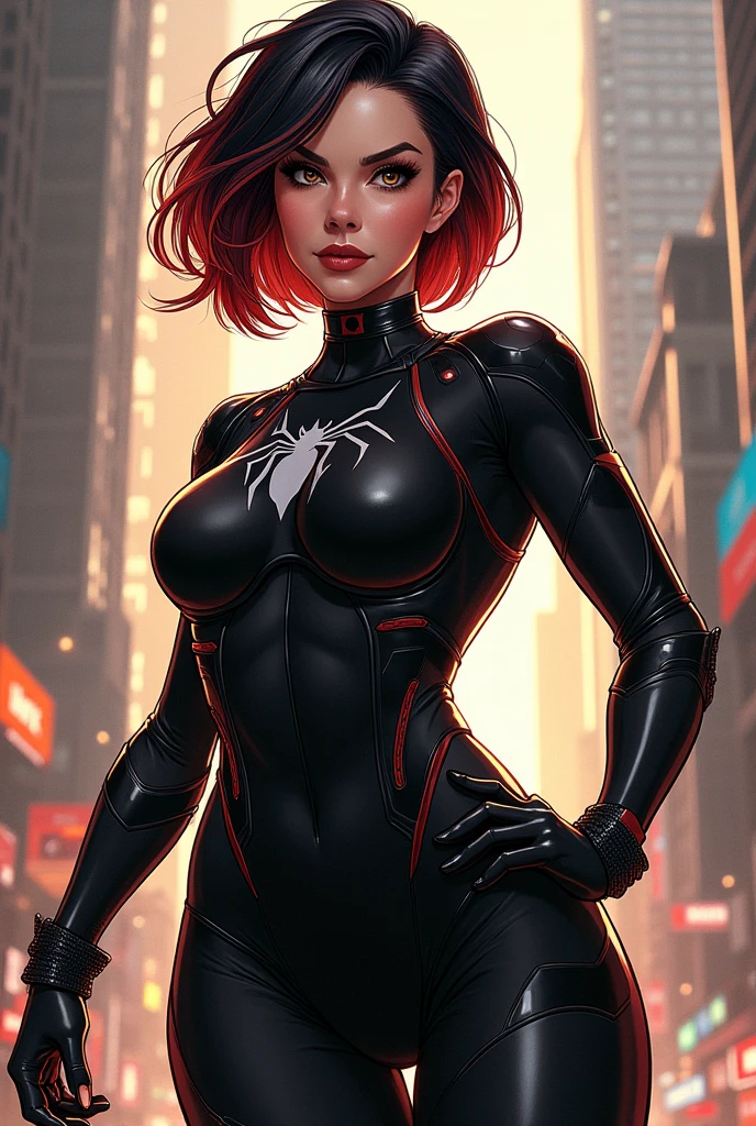 Superheroine in the Marvel style with short spiky brown hair, a black dress with red details, and red eyes