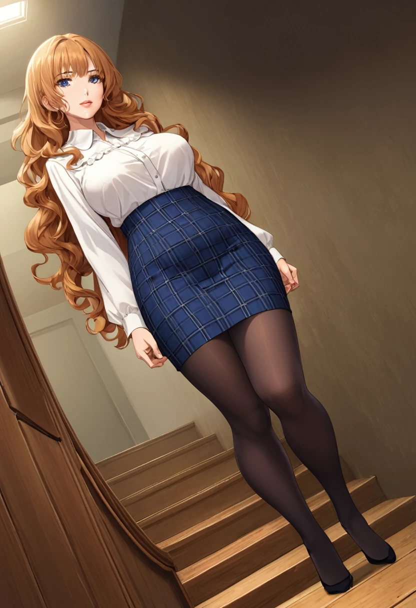 2d anime, detailed illustration, dynamic angle, ultra-detailed, illustration, 1girl, mature face, white blouse, blue plaid skirt, black silk stockings, (long wavy hair strawberry blonde hair: 1.2), detailed blue eyes, walking down wooden stairs into a large dark basement, hand on wooden railing, tall, big plump thighs rubbing together, narrow waist, young Monica Bellucci face, POV from below,