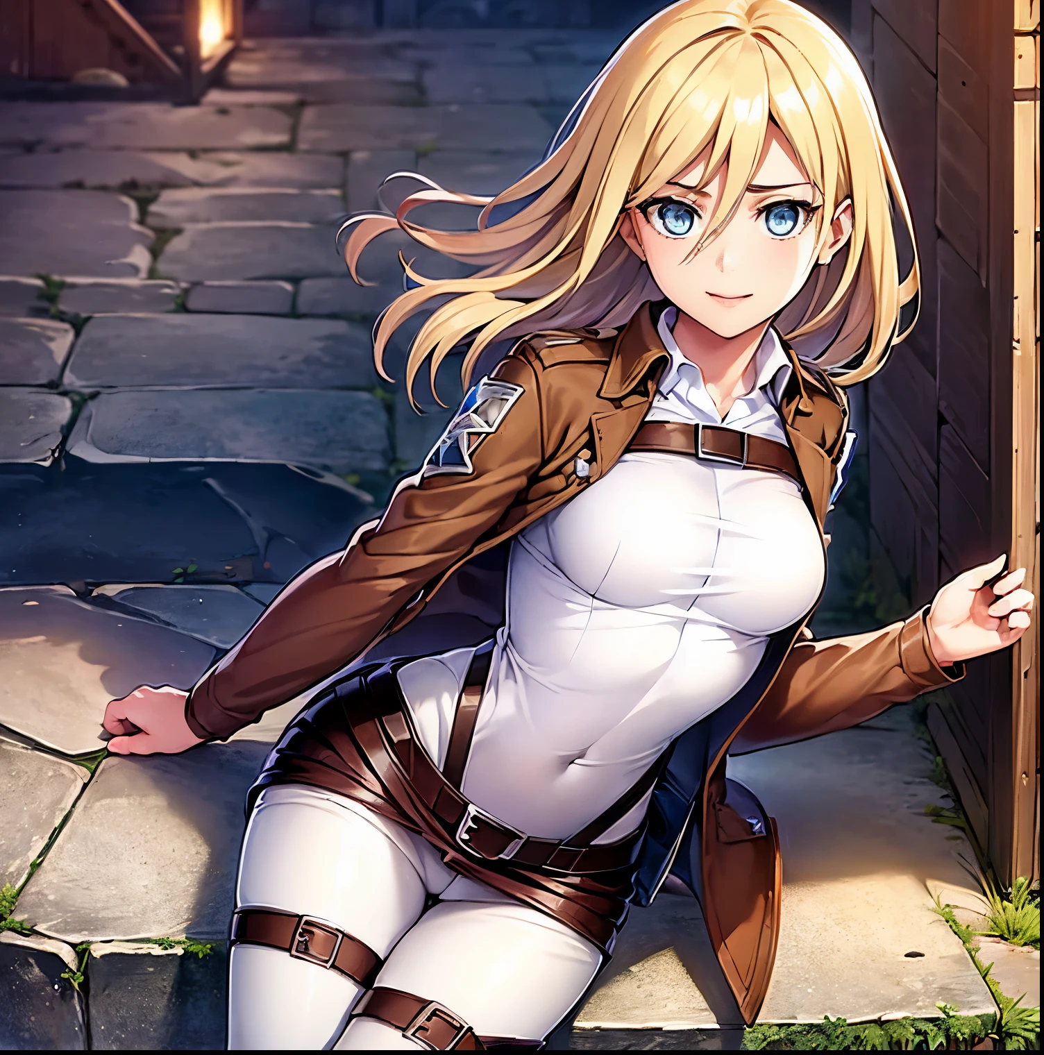 ((1girl)),((alone)), Reiss historia, \(Shingeki no kyojin \),(masterpiece), (best quality), (ultra detailed), (best illustration), (best shadow), (absurdities ), sharp focus, cowboy shot, atmospheric perspective, depth of field, dynamic posture, ((looking at viewer)), medium breasts, narrow waist, wide hips, wide thighs, round butt, erotic, romantic, (highly detailed eyes , lips 1.1), highly detailed eyes, eyes, Highly detailed face, Very beautiful face, Symmetrical face, Aesthetic face, perfect face, perfect eyes, detailed eyelashes: 1.5), full height, beautiful slim figure, femininity, expressive appearance, breasts medium elastic, sexuality, lips parted, blonde hair, hair between eyes, short hair, long hair, blue eyes, jacket, paradis military uniform, pants, shirt, brown jacket, fanny pack, white pants, long sleeve, emblem, open jacket, Collared shirt, Open your clothes, Thigh strap, long boots, white shirt, holding three-dimensional maneuvering equipment, curves, defined body, Perfect and beautiful body, perfect and beautiful, cheerful expression, closed mouth, ((cheerful smile) ), blushing, (sexy pose: 1.2), ((solo)), standing: 1.3, ((exterior, medieval landscape, on top of the roofs, medieval house, trees, sunset, giant wall)), Looking forward, ((focus on breasts :1.3)), point of view :(from above), perfect anatomy, perfect hands