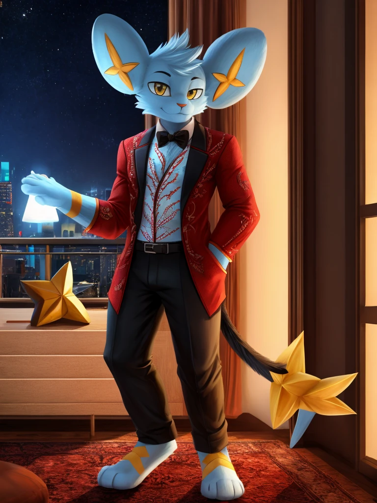 work of art, high qualiy, 4K, beautiful design, Ablaze, Furry, Cat, shinx, male, Waering a Blazer, Showing extremely detailed chest, incredible, fine-details, absurderes, standing alone, tecido Ablaze, posing in an apartment overlooking the starry sky, scarlet embroidery