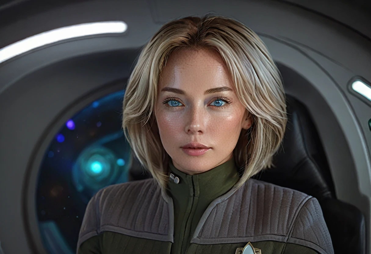 Realistic full-body photography of a mature Alien, It is considered one of the most beautiful races in the galaxy., With a seductive face, eyes and lips, bob-style hair mid-shoulder, some hair falls on half the face making them more beautiful to see, They wear sexy military uniforms tight to the body., They are in the Control Center of the intergalactic Space Station.. hyper-realistic photo, sharp, 10.