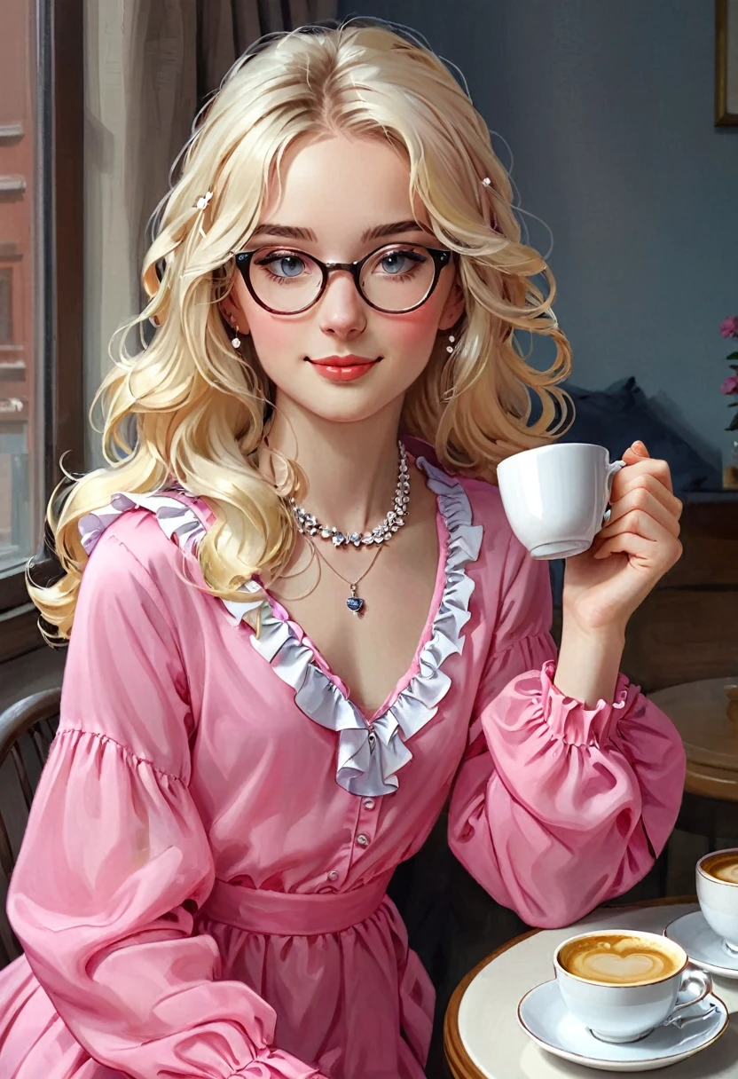 (soft moan).Enjoying a cup of coffee.(aroused, wanna make love?:1.1),Good morning! (pink clothing), Cute 18 yo (blonde)woman of Slavic descent.(short:1.1), long hair, gray eyes, ((very pale:1.4)). Innocent look. Gentle spirit.(virgin), (joy),(laughter:1.3). (Playful:1.2). Mascara, eyeglasses, necklace, jacket, blouse, ruffle dress, (black pantyhose), high heels.