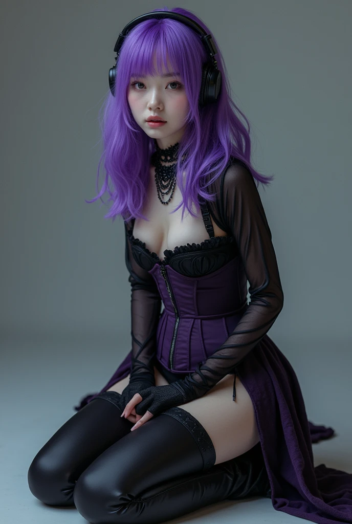 Woman in fishnet clothes sitting on stool, 1 7 - year - old goth girl, Looks like a blend of grimaces, she looks like a mix of grimes, Sexy gaze, With black sclera eyes, lean age 2 5, gothgirl, expressive and dreadfull, It seems that grimaces are mixed, 19-year-old girl, in the universe, artistic, Band Album Covers