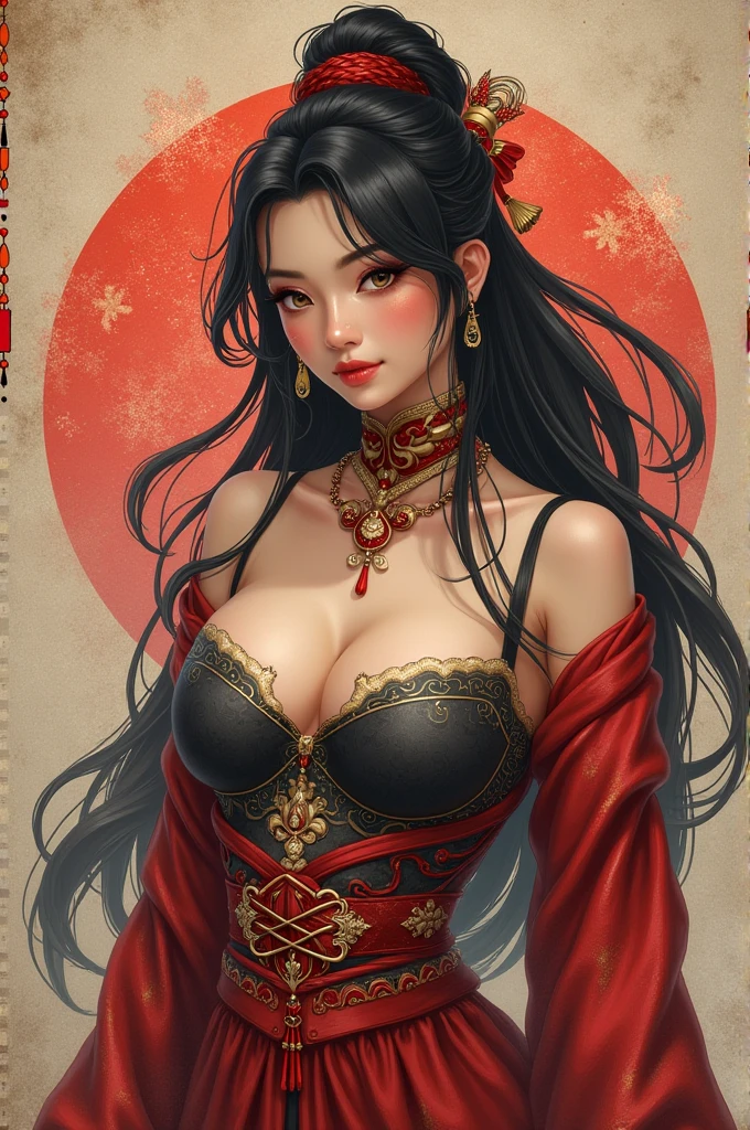 ((masterpiece)), (best quality), (cinematic), art nouveau style watercolor painting , Thai goddess, large breasts, big eyes, long thick eyelashes, cleavage, full lips, dark red eyes, long thick hair, high ponytail. Flower_background, featuring intricate designs and patterns in the style of Alphonse Mucha.