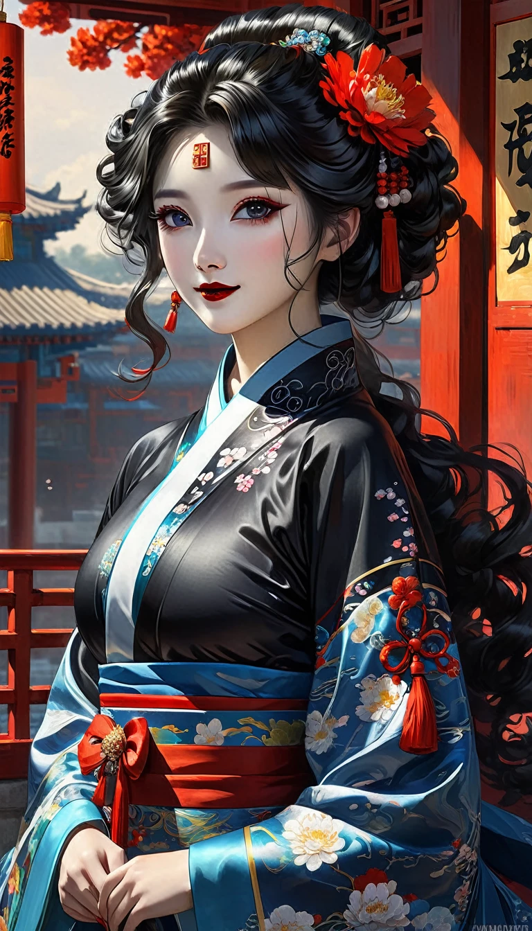 (（（Perfect body,（（（zhizhu，Chinese style clothing, dark clothing）））,（（（zhizhu，Black hair, curly hair, facial makeup, black lips,））），((masterpiece)),high resolution, ((Best quality at best)),masterpiece,quality,Best quality,（（（ Exquisite facial features,Looking at the audience,There is light in the eyes,Smile）））， ）））,（（（Light and shadow,Big breasts，）））,（（（Looking at the camera,,)））)