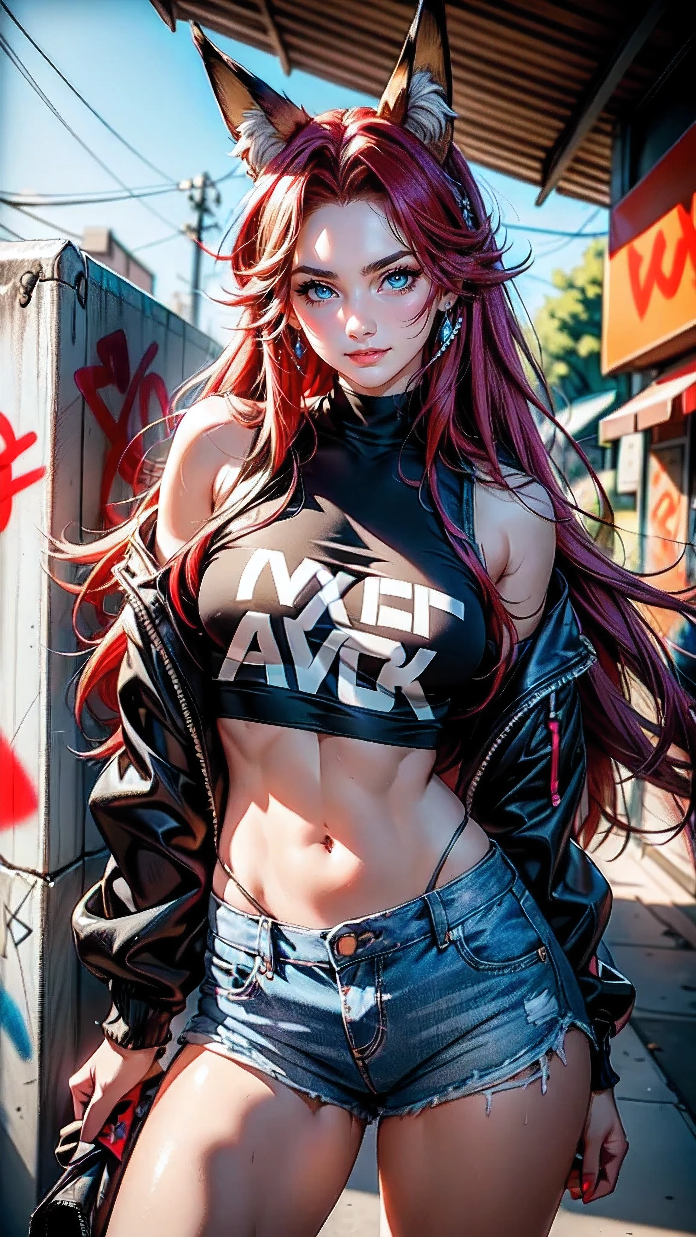 A cute fox girl with blue eyes, long red hair, Fox ears and a fox tail. She has a cheerful, love very much, friendly and happy character. She wears a cool, modernes Outfit, that fits perfectly with a wall with graffiti. Her outfit consists of a trendy crop top, ripped jeans and stylish sneakers. In the background there is a colourful, detailed graffiti wall, which have an urban, gives an artistic look. The image should be highly detailed, with HDR and Ultra 8K resolution, about the textures of clothing, to accurately portray her cheerful charisma and the details of the graffiti.


