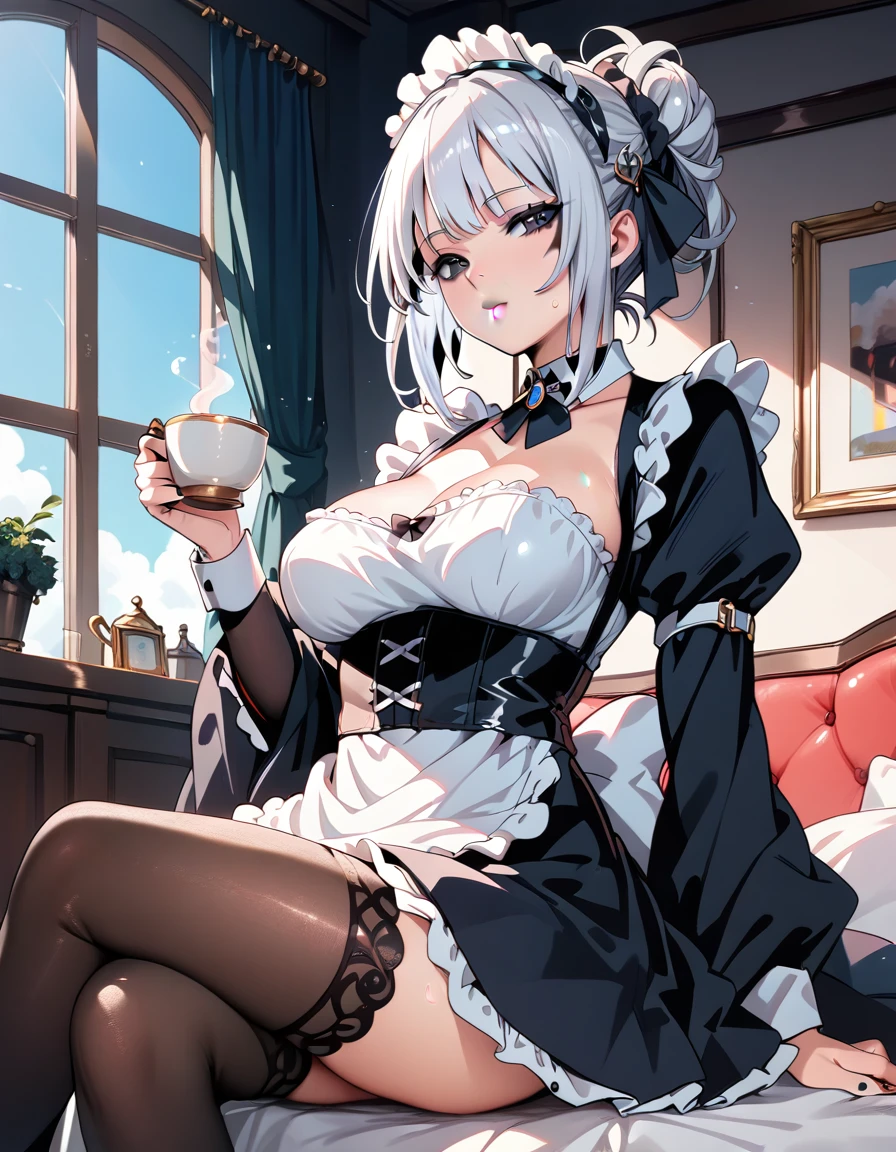 Young beautiful woman,(Highest quality,Extremely detailed depiction,Incredibly absurd high resolution,Anatomically accurate depiction,Curvy Legs,Shiny skin,Porcelain-like skin),(Black and white gothic maid outfit,Maid Skirt,corset,black tights),eyelash,(Silver Hair,Black Eyes,Eyes half closed:1.5,Unfriendly look,Large Breasts,Glossy black lips:1.2,Heavy makeup),Sweat:0.8,(whole body),background:Inside the maid cafe:1.5,Bright atmosphere,coffee,Other women dressed as maids,Pose to welcome guests