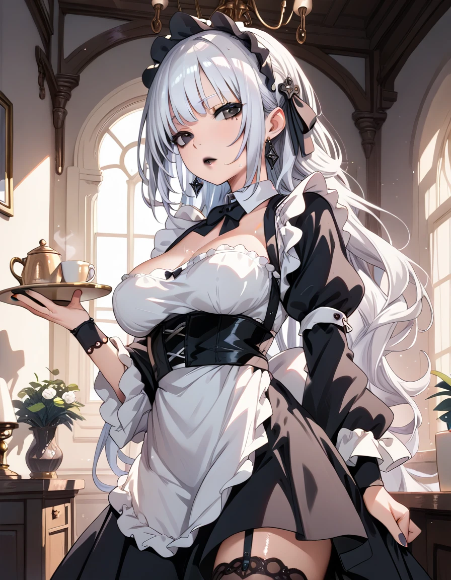 Young beautiful woman,(Highest quality,Extremely detailed depiction,Incredibly absurd high resolution,Anatomically accurate depiction,Curvy Legs,Shiny skin,Porcelain-like skin),(Black and white gothic maid outfit,Maid Skirt,corset,black tights),eyelash,(Silver Hair,Black Eyes,Eyes half closed:1.5,Unfriendly look,Large Breasts,Glossy black lips:1.2,Heavy makeup),Sweat:0.8,(whole body),background:Inside the maid cafe:1.5,Bright atmosphere,coffee,Other women dressed as maids,Pose to welcome guests