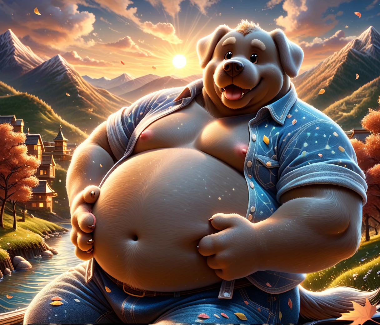 (cute, fat, obese, anthro, male, dog cub), cartoon confused, golden ratio, style of studio ghibli, fantasy background, nude, cyan shorts, cyan vest, fantasy background, detailxl
