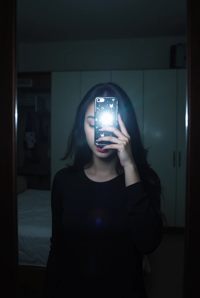 Girl 1 , long black hair perfect body, naked illuminated by the moon, in the bedroom , pose selfie, dark, I see I don&#39;t see , light dark , sexy pose, selfie , unrecognizable face