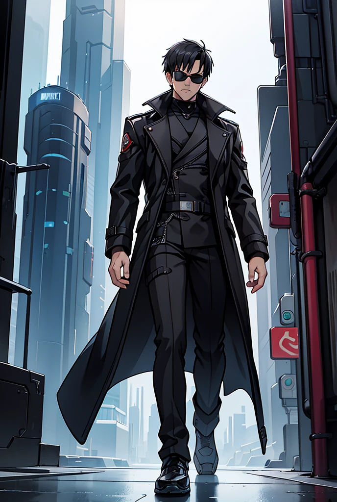 Cyberpunk man wearing a black trenchcoat, futuristic sunglasses, he has a goatee and short black hair, also has bionic components around his forehead. Serious face.