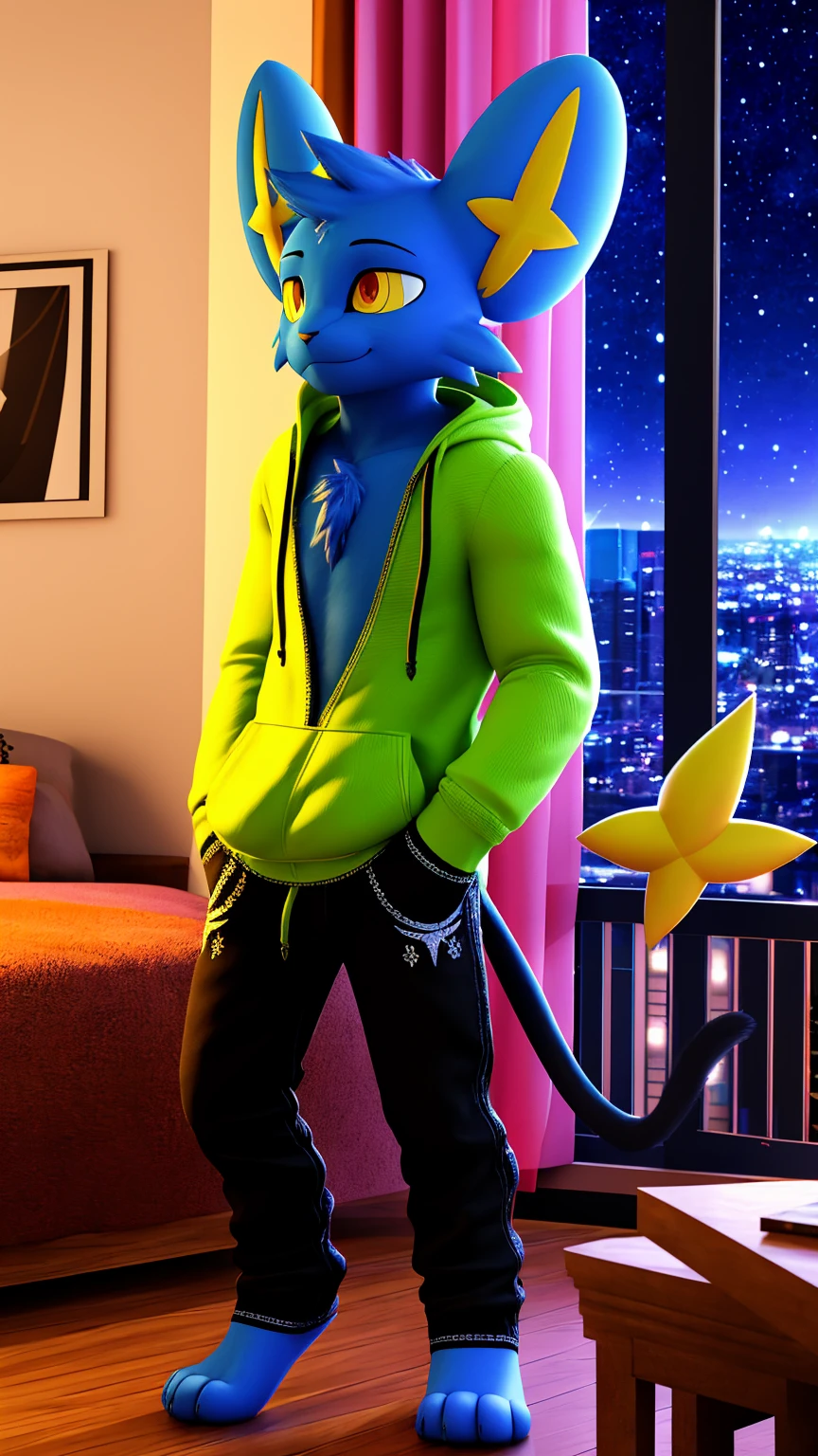 work of art, high qualiy, 4K, beautiful design, Ablaze, Furry, Cat, shinx, male, Waering a Hoodie, Showing extremely detailed chest, incredible, fine-details, hyperrealisti, 3d, octane rendering, standing alone, tecido Ablaze, posing in an apartment overlooking the starry sky, Black Embroidery