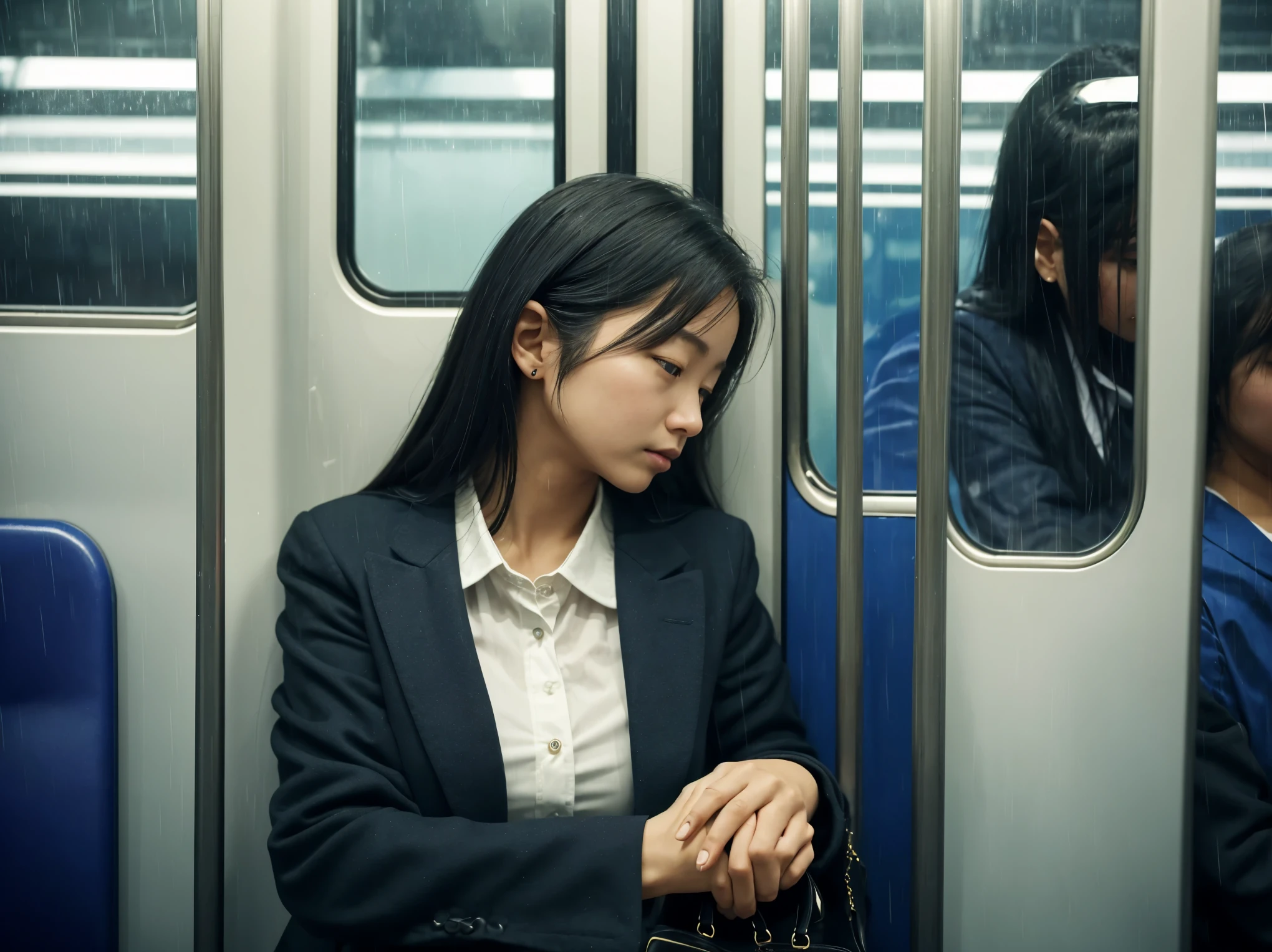 realisitic、8K、delicated face、Train、Sitting in your seat、woman sleeping with eyes closed、Soio、slightly open the crotch、I see yellow pants、Skeletally correct、Fingertips are biologically correct、28 year old、White blouses、Wear a navy suit or black skirt