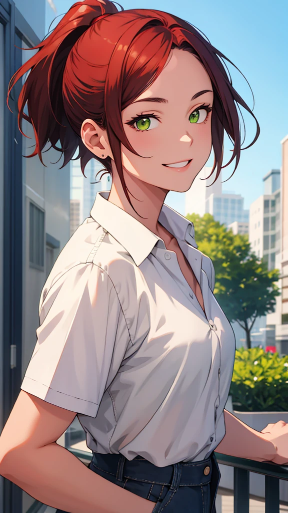 [[[ ultra-detailed, best quality, soft skin, beautiful face, masterpiece, close-up, modern setting, anime]], short hair, ponytail, green eyes, auburn hair, modern clothes, looking at viewer, smiling