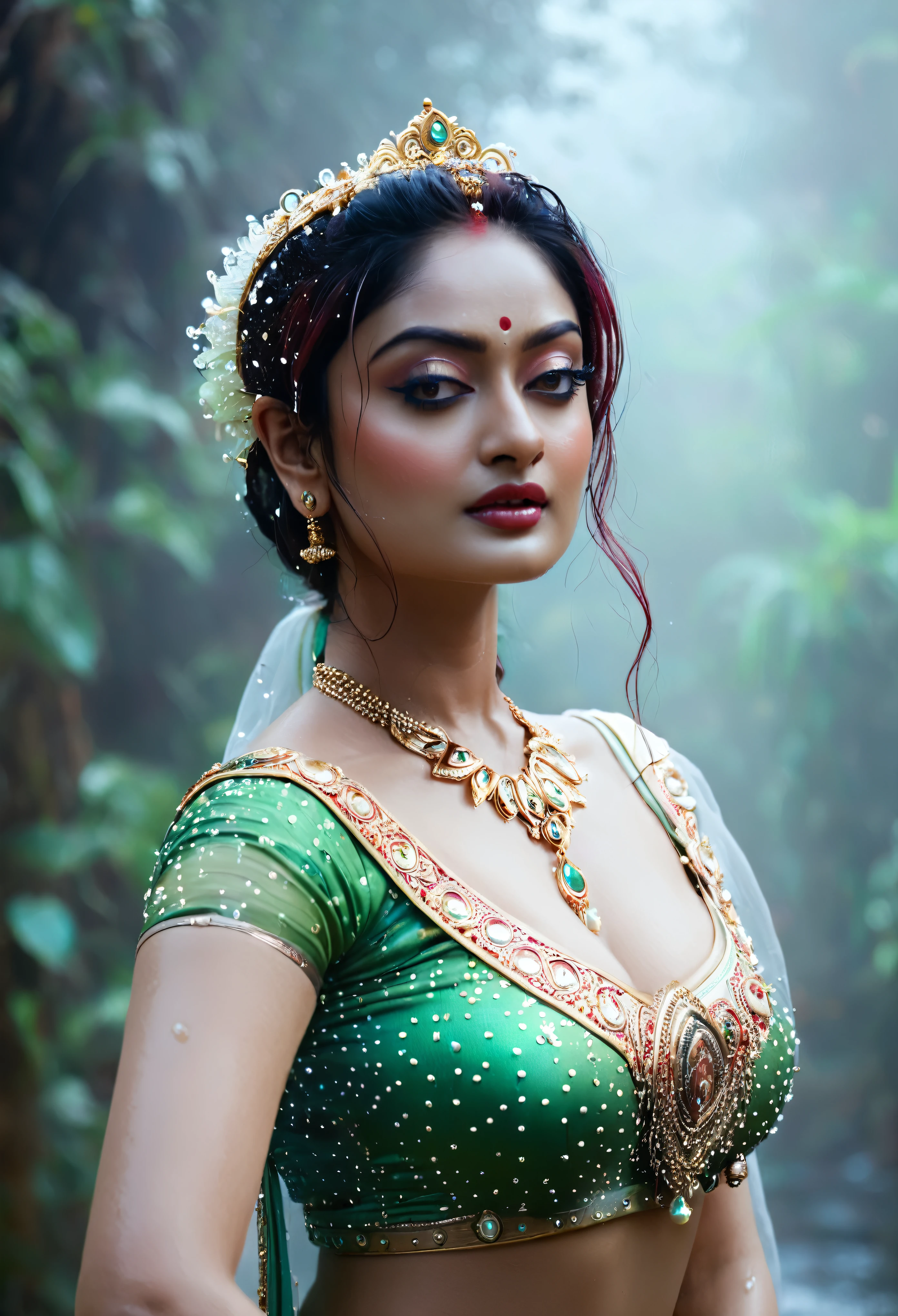 Looks like Sandeepa Dhar, ethereal beauty, ethereal fantasy, a mythological fairy, apsara in Hindu mythology, erotic, busty wet , curvy, photography, cinematic, jewellery, 4k, epic, detailed photograph, shot on kodak detailed, bokeh, cinematic, hbo, volumetric fog, volumetric light
