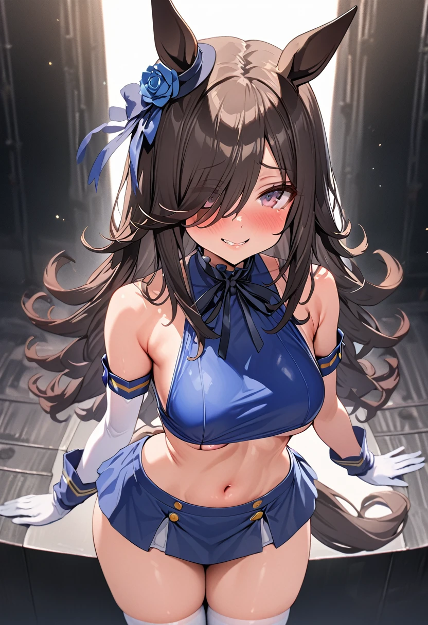 masterpiece,Highest quality,High resolution,Super detailed, solo, 1girl, live stage, ((cute)), RiceShower\(Umamusume\), horse ears, animal ears, hair over one eye, horse tail, long hair, blush, hat, blue flower, gloves, smallunderboob, ((((Perfect limbs))), perfectly cute girls, Delicate and smooth skin, real looking skin, Perfect and beautiful face, Perfect and cute face, (subjective perspective, showing the view from above), luslous skin, Beautiful waist constriction, a smile, kantai collection, shimakaze costume outfit, (crop top, microskirt, thighhighs,elbow glovestongue, g-string),  girl body shape, shiny skin, Embarrassed, seductive model posing, perfect anatomy, noise removal