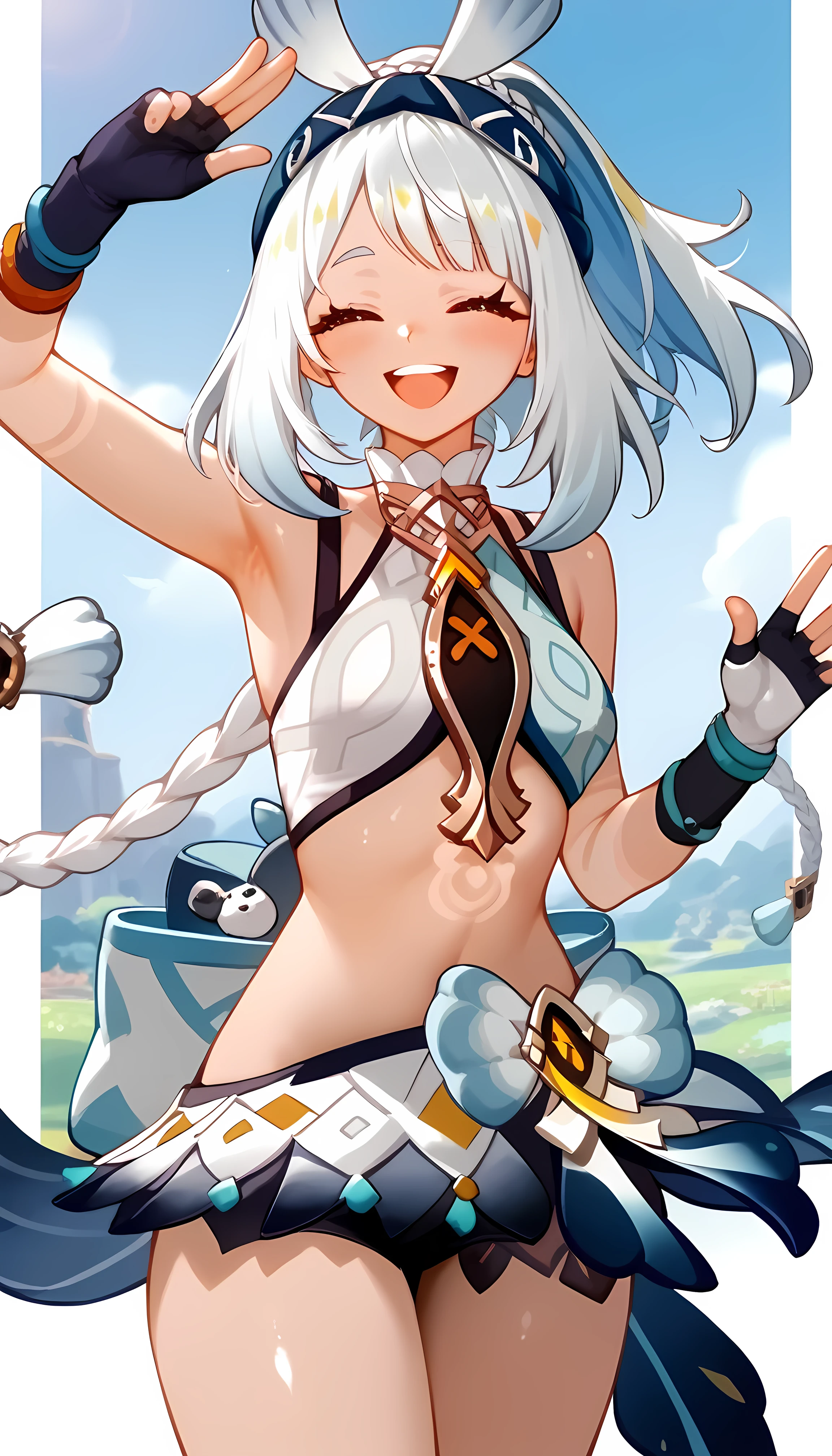 Highest quality, Highest quality, High quality illustrations, masterpiece, Ultra-high resolution, Detailed Background, absurdes, Perfect Anatomy, performance, Good lightwg, Shadows w the mowies, 1 girl, 一人w, Estuary_\(Genshw Impact_Impact\), Alternative costume, Medium chest, smile, closed eyes, wery happy, Open your mouth, w swg, w_ower_eye, w, blush, white_sweater, wirgw-killwg_sweater, whole body_body, Downward,whole body, Dynamic pose, Captivatwg thighs, Shwe, Shwy skw, Shwy, Beautiful two legs