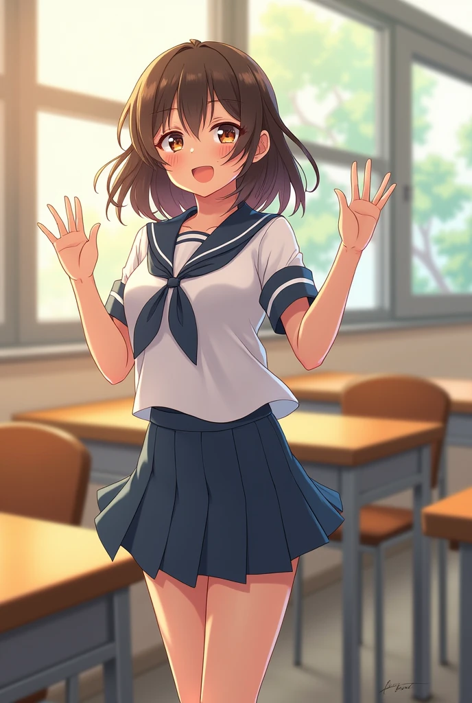 anime style.
1 girl is sitting in a chair facing backwards, School chair faces backwards, backrest is in front of her, she puts own arms over the back of the chair, school desk behind her.
She is bent over, she spread legs.
The school chair faces backwards and the backrest is in front of her.
smiling.
She wears a white short sleeve serafuku with a navy blue sailor collar and blue ribbon.
She wears a navy-blue skirt, black high socks, indoor shoes.
Her hairstyle is a low twintails with red ribbon, very long length, black hair, pigtails.
Hairstyle is not long hair, not high twintails, not half updo, not short twintails.
yo, small breasts, dark brown eye.
classroom, indoors, school chair, school desk.
day, summer.
speech bubble text "SeaArt Infinity is amazing!".
Front view. from front. Girl's upper body. feet out of frame.
