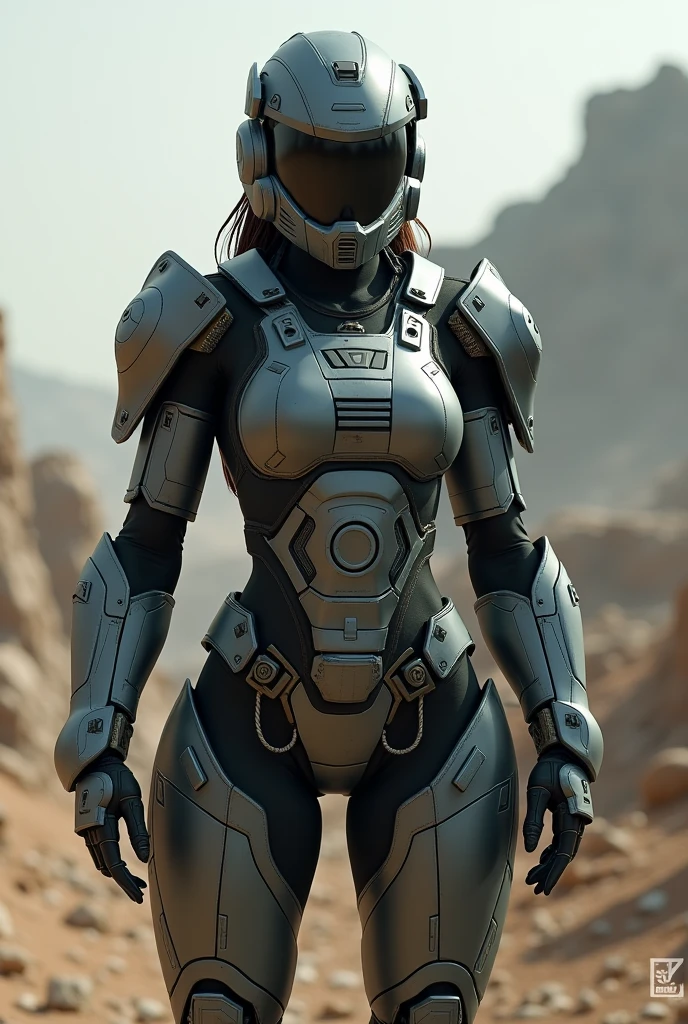 ((Best quality)), ((masterpiece)), (detailed), 1 girl, bald head, no hair, desert, scar in face, young face, black power armor