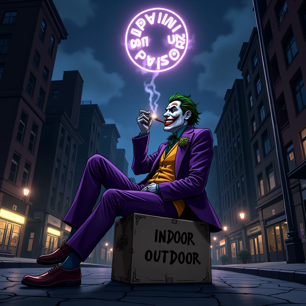 gotham city la nuit avec un projecteur sur un toit qui projette dans le ciel au dessus un logo blanc avec ou il y'a écrit dessus Gotham Coffee35 dans le ciel et il y'a le joker qui fume un cigare assis sur le projecteur sur le toit avec une paire de lunettes noir avec des caisses a coter de lui ou dessus il y'a une une feuille de weed et des sac remplie de cannabis et de sachet paquet de poudre blanche et de petit rectangle marron empiler a coter de lui en cartoon