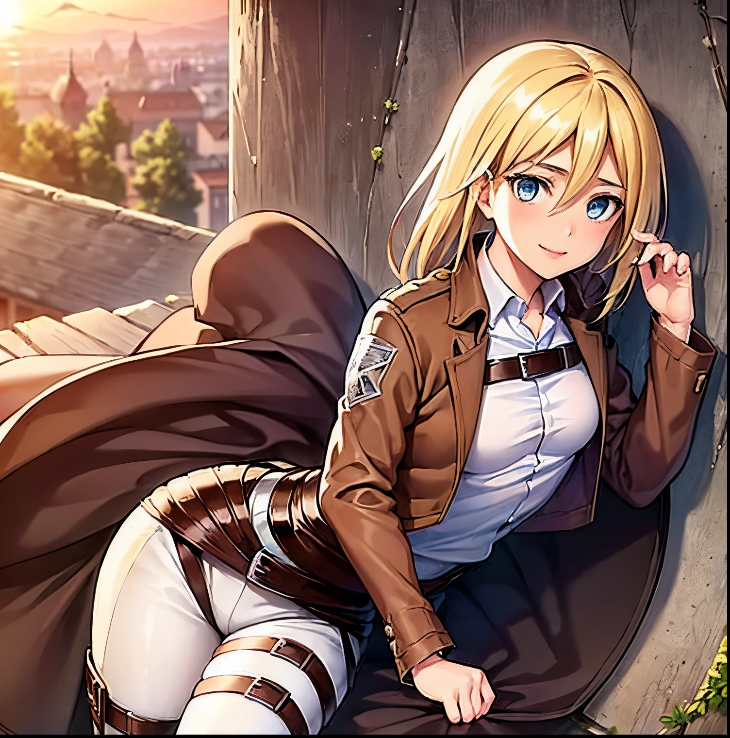 ((1girl)),((alone)), Reiss historia, \(Shingeki no kyojin \),(masterpiece), (best quality), (ultra detailed), (best illustration), (best shadow), (absurdities ), sharp focus, cowboy shot, atmospheric perspective, depth of field, dynamic posture, ((looking at viewer)), medium breasts, narrow waist, wide hips, wide thighs, round butt, erotic, romantic, (highly detailed eyes , lips 1.1), highly detailed eyes, eyes, Highly detailed face, Very beautiful face, Symmetrical face, Aesthetic face, perfect face, perfect eyes, detailed eyelashes: 1.5), full height, beautiful slim figure, femininity, expressive appearance, breasts medium elastic, sexuality, lips parted, blonde hair, hair between eyes, short hair, long hair, blue eyes, jacket, paradis military uniform, pants, shirt, brown jacket, fanny pack, white pants, long sleeve, emblem, open jacket, Collared shirt, Open your clothes, Thigh strap, long boots, white shirt, holding three-dimensional maneuvering equipment, curves, defined body, Perfect and beautiful body, perfect and beautiful, cheerful expression, closed mouth, ((cheerful smile) ), blushing, (sexy pose: 1.2), ((solo)), standing: 1.3, ((exterior, medieval landscape, on top of the roofs, medieval house, trees, sunset, giant wall)), Looking forward, ((focus on hips:1.3)), point of view: (from below), perfect anatomy, perfect hands