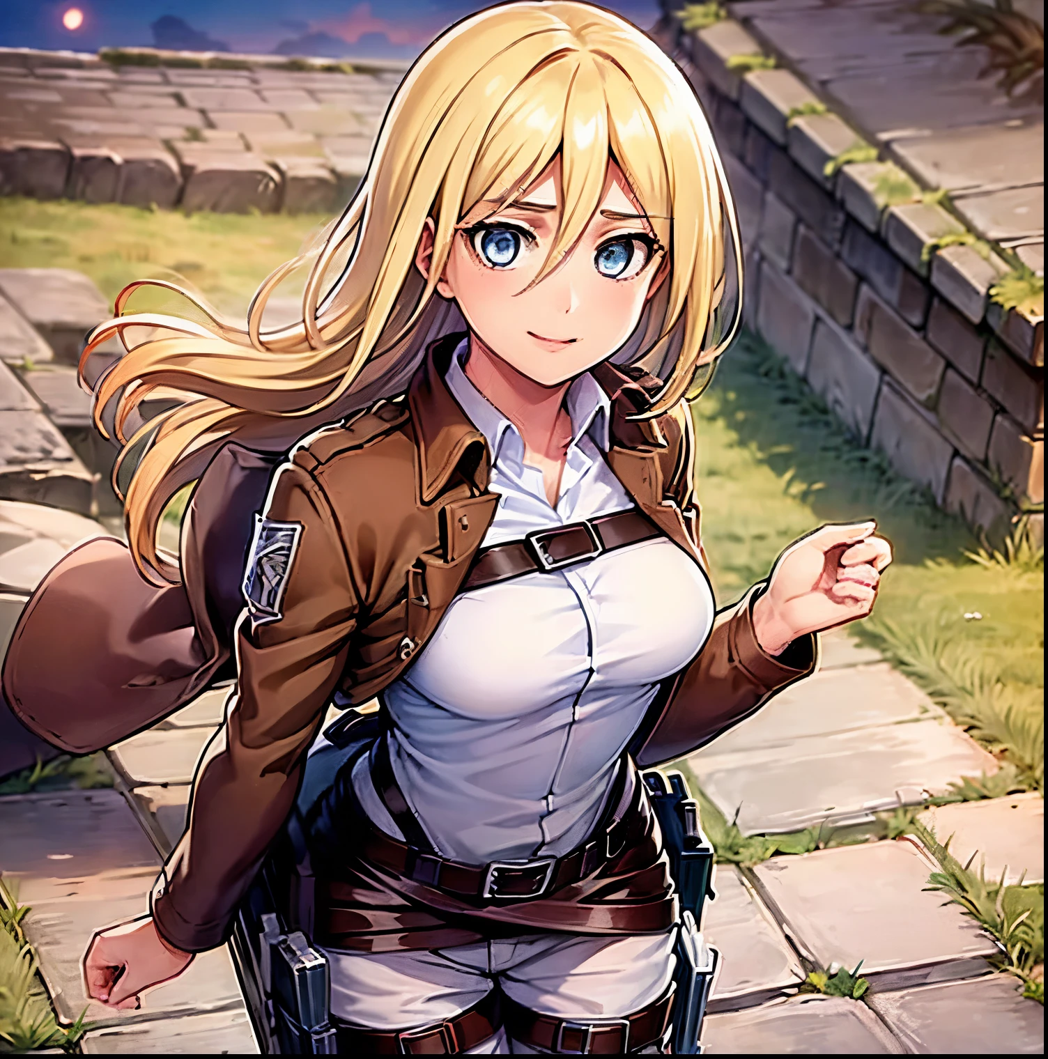 ((1girl)),((alone)), Reiss historia, \(Shingeki no kyojin \),(masterpiece), (best quality), (ultra detailed), (best illustration), (best shadow), (absurdities ), sharp focus, cowboy shot, atmospheric perspective, depth of field, dynamic posture, ((looking at viewer)), medium breasts, narrow waist, wide hips, wide thighs, round butt, erotic, romantic, (highly detailed eyes , lips 1.1), highly detailed eyes, eyes, Highly detailed face, Very beautiful face, Symmetrical face, Aesthetic face, perfect face, perfect eyes, detailed eyelashes: 1.5), full height, beautiful slim figure, femininity, expressive appearance, breasts medium elastic, sexuality, lips parted, blonde hair, hair between eyes, short hair, long hair, blue eyes, jacket, paradis military uniform, pants, shirt, brown jacket, fanny pack, white pants, long sleeve, emblem, open jacket, Collared shirt, Open your clothes, Thigh strap, long boots, white shirt, holding three-dimensional maneuvering equipment, curves, defined body, Perfect and beautiful body, perfect and beautiful, cheerful expression, closed mouth, ((cheerful smile) ), blushing, (sexy pose: 1.2), ((solo)), standing: 1.3, ((exterior, medieval landscape, on top of the roofs, medieval house, trees, sunset, giant wall)), Looking forward, ((focus on breasts :1.3)), point of view :(from middle), perfect anatomy, perfect hands