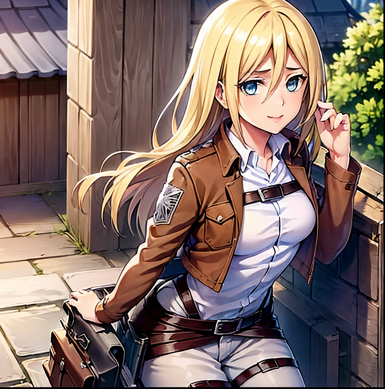 ((1girl)),((alone)), Reiss historia, \(Shingeki no kyojin \),(masterpiece), (best quality), (ultra detailed), (best illustration), (best shadow), (absurdities ), sharp focus, cowboy shot, atmospheric perspective, depth of field, dynamic posture, ((looking at viewer)), medium breasts, narrow waist, wide hips, wide thighs, round butt, erotic, romantic, (highly detailed eyes , lips 1.1), highly detailed eyes, eyes, Highly detailed face, Very beautiful face, Symmetrical face, Aesthetic face, perfect face, perfect eyes, detailed eyelashes: 1.5), full height, beautiful slim figure, femininity, expressive appearance, breasts medium elastic, sexuality, lips parted, blonde hair, hair between eyes, short hair, long hair, blue eyes, jacket, paradis military uniform, pants, shirt, brown jacket, fanny pack, white pants, long sleeve, emblem, open jacket, Collared shirt, Open your clothes, Thigh strap, long boots, white shirt, holding three-dimensional maneuvering equipment, curves, defined body, Perfect and beautiful body, perfect and beautiful, cheerful expression, closed mouth, ((cheerful smile) ), blushing, (sexy pose: 1.2), ((solo)), standing: 1.3, ((exterior, medieval landscape, on top of the roofs, medieval house, trees, sunset, giant wall)), Looking forward, ((focus on breasts :1.3)), point of view :(from middle), perfect anatomy, perfect hands