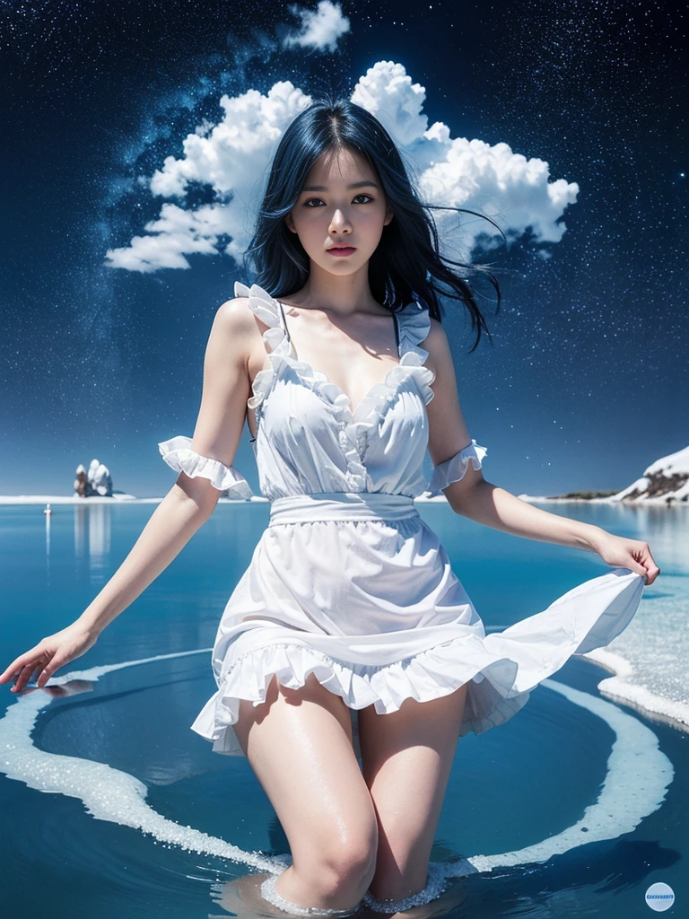 Absurd, High resolution, (Official Art, beautifully、aesthetic:1.2), (Shortsighted:1.15), (One girl, Blue Hair, Medium Hair, blue eyes, Bright Eyes, long white dress, Blue frills,:1.2) blue sky, Sparkling Galaxy, (Uyuni salt lake:1.2), (Fractal Art:0.8), water effects, Ripple effects, (Flower effect: 0.65), Light effects,