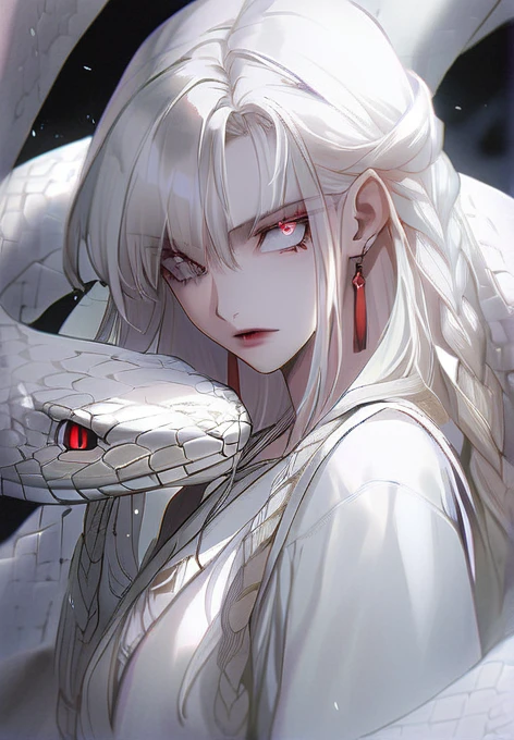 anime girl with white hair, has snake eyes; red eyes, black slitted pupils, snake eyes that are red, snake eyes black pupils and red eyes